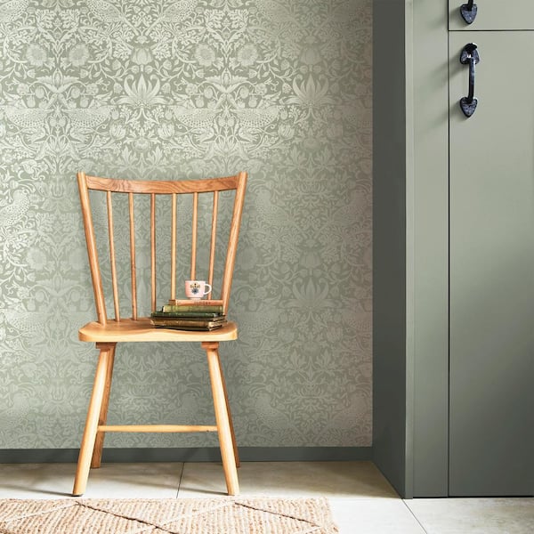 Strawberry Thief Fibrous Sage Green Wallpaper Sample