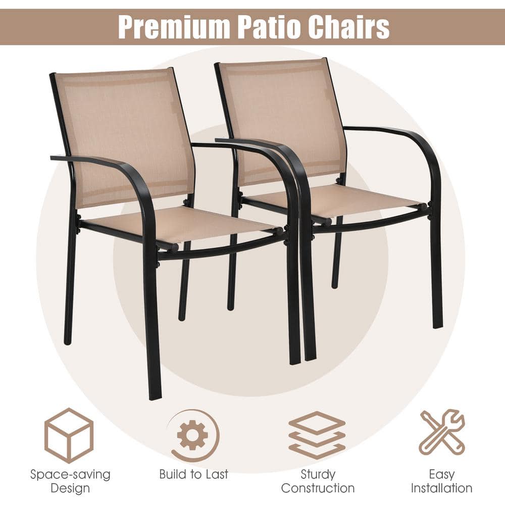 Black and Brown Steel Frame Patio Dining Armchairs, Set of 2