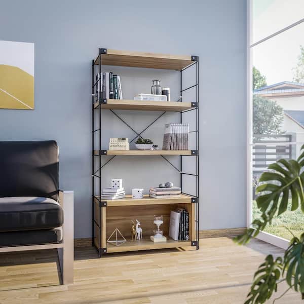 Leisuremod Brentwood 66 in. Tall Etagere Bookcase with Black Stainless Steel Frame and 4-Melamine Board Shelves in Natural Wood
