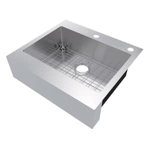 Retrofit Drop-In/Undermount Stainless Steel 27 in. 2-Hole Single Bowl Flat Farmhouse Apron Front Kitchen Sink