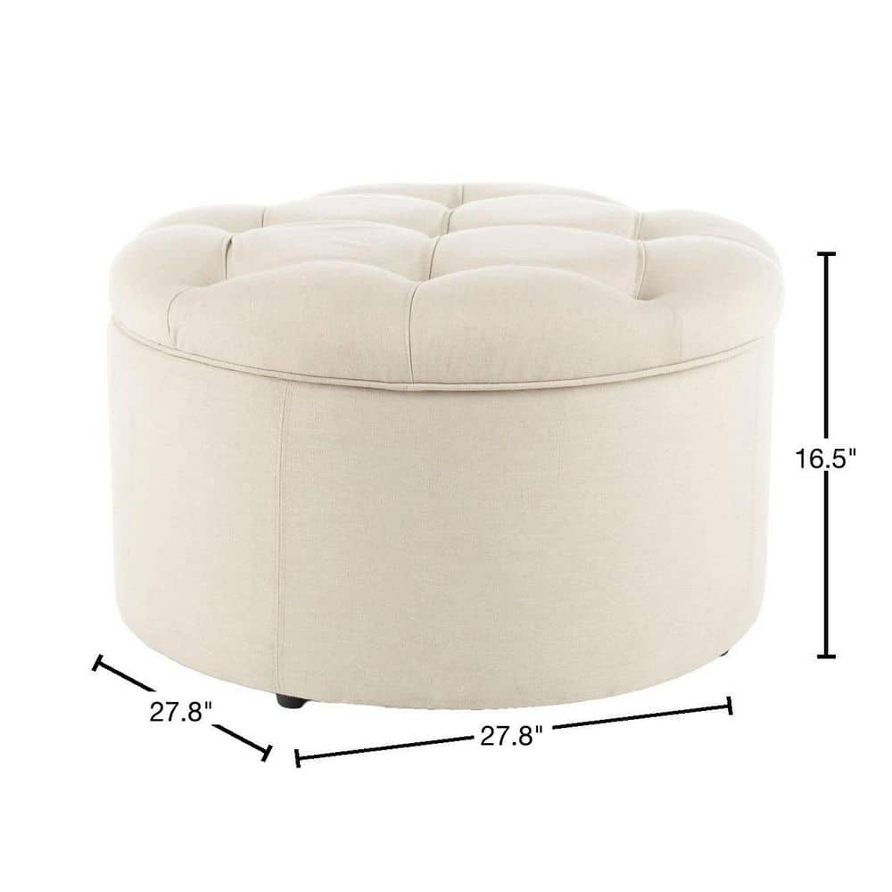 Luxurious Tufted Linen Round Storage Ottoman in Off-White
