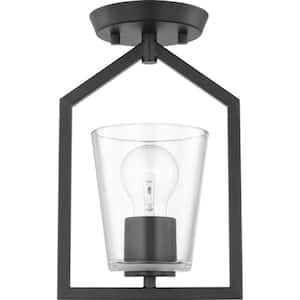 Vertex Collection 7.37 in. One-Light Matte Black Clear Glass Contemporary Semi-Flush Mount with