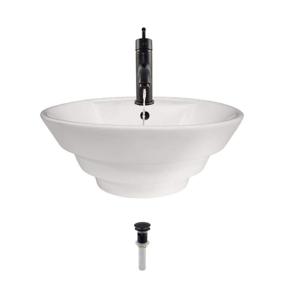 Bundle - 3 Items: Sink, Faucet, and Pop Up Drain MR Direct V200-Bisque Porcelain Vessel Sink Antique Bronze Ensemble with 753 Vessel Faucet V200-B-753-ABR