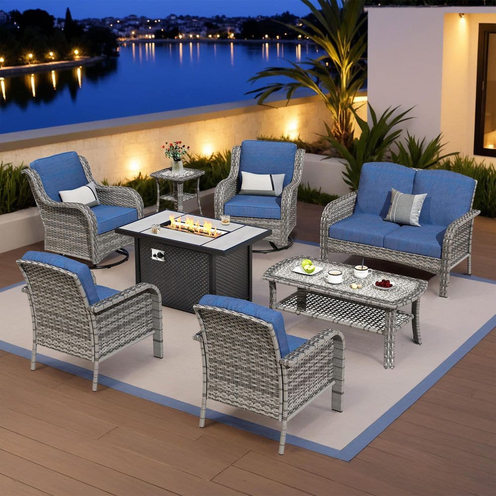 Mejy Gray 8-Piece Wicker Patio Rectangle Fire Pit Conversation Set with Denim Blue Cushions and Swivel Chairs price history on PriceWatchPro