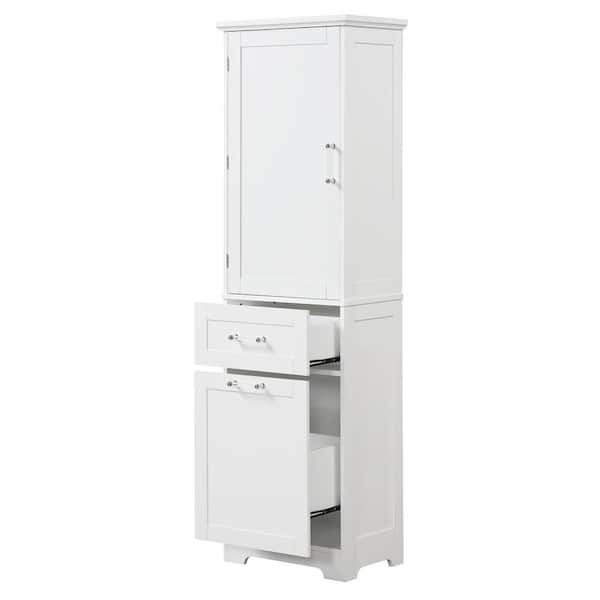 Zeus & Ruta 20 in. W x 13 in. D x 68.1 in. H White Linen Cabinet with 2 Different Size Drawers and Adjustable Shelf