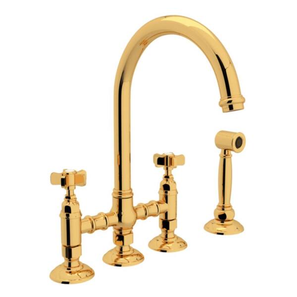 ROHL Italian Kitchen 2-Handle Bridge Faucet with Side Spray in Italian Brass