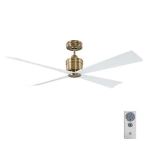 Launceton 56 in. Transitional Indoor/Outdoor Antiqued Brass Ceiling Fan with Matte White Blades and Remote Control