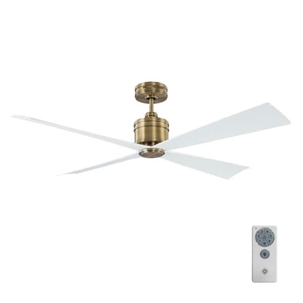 Generation Lighting Launceton 56 in. Transitional Indoor/Outdoor Antiqued Brass Ceiling Fan with Matte White Blades and Remote Control