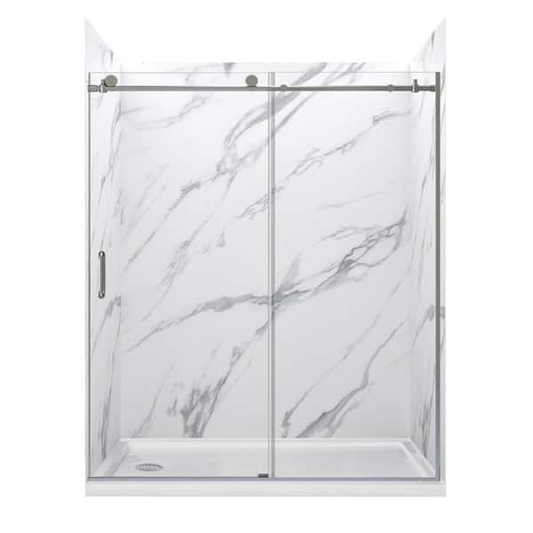 JETCOAT 60 in. L x 30 in. W x 78 in. H Left Drain Alcove Shower Stall Kit in Carrara White and Brushed Nickel 3-Piece