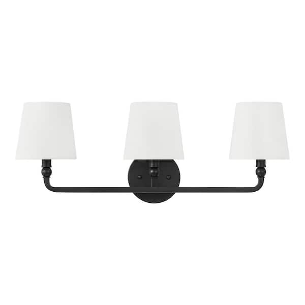 Hampton Bay Canterwood 24.88 in. 3-Light Black Bathroom Vanity Light Fixture with Tapered Fabric Shades