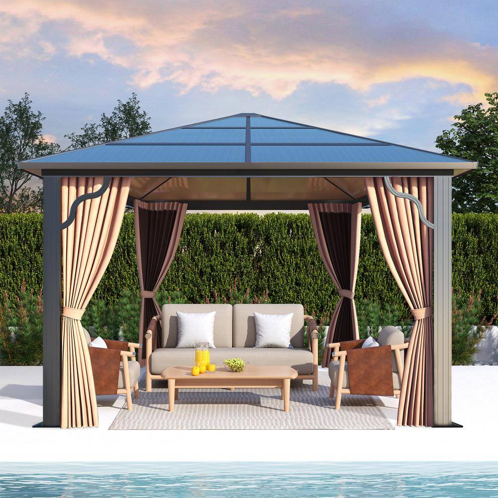 Aoxun 10' x 10' Brown Aluminum Gazebo with Curtains and Netting