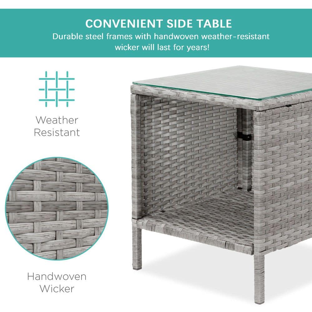 Gray Wicker 3-Piece Outdoor Bistro Set with Cushions and Glass Tabletop