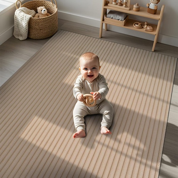 UltraPlush Touch 4 ft. x 6 ft. Beige Non-Slip Rubber Back Washable Polyester Stripes Indoor Area Rug