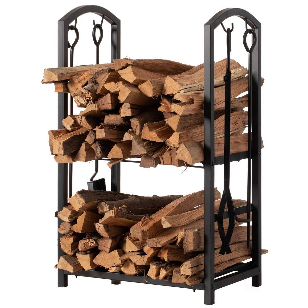 Black Iron Outdoor Firewood Log Cart with Tool Rack