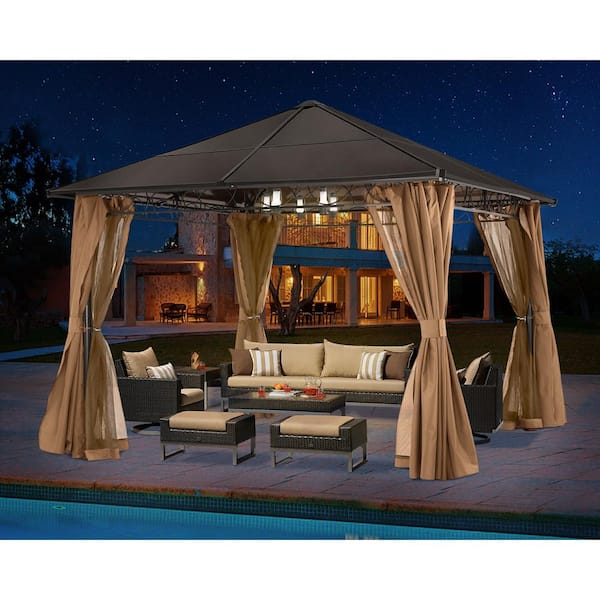ABCCANOPY 10 ft. x 10 ft. Outdoor Aluminum Patio Gazebo Polycarbonate Hardtop with Mosquito Netting and Privacy Curtain