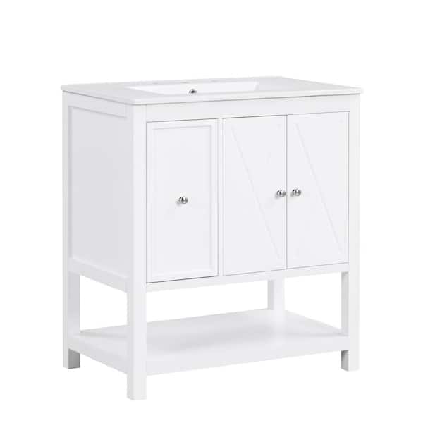 Nivencai 30 in. W x 18 in. D x 34 in. H Single Sink Fresstanding Bath Vanity in White with White Ceramic Top and 2 Doors