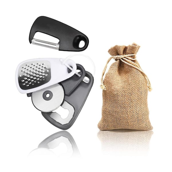 Black & White 5-Piece Pizza Accessory Set with Grater, Peeler, Cutter, Opener & Burlap Bag