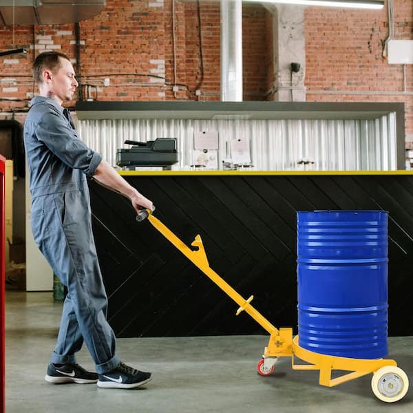 Steel 3-Wheeled 55 gal. Drum Dolly in Yellow with 2 Fixed PU Wheels and 1 Swivel Wheel, 1200 lbs. Capacity