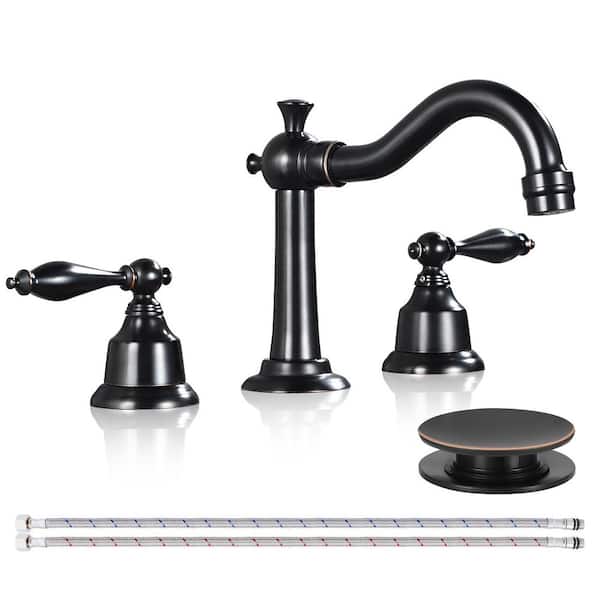 Double Handles 8 in. Widespread Bathroom Faucet 3-Hole Sink Faucet with Pop-Up Drain in Oil Rubbed Bronze