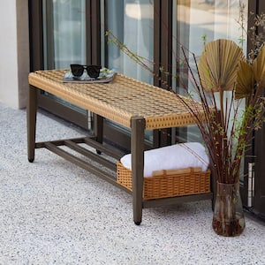 45 in. Wood Grain Painted Outdoor Metal And Rattan Bench With Storage and Adjustable Footpads