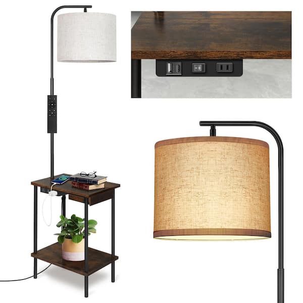 BICIK 62 in. Brown Dimmable Tray Table Standard Floor Lamp with USB Charging Port Plus AC Outlet, Drawer and Remote Control