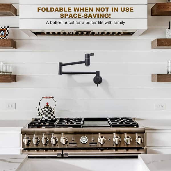 Brass Wall Mounted Pot Filler Faucet with Double Joint Swing Arms, Commercial Kitchen Pot Faucet in Oil Rubbed Bronze