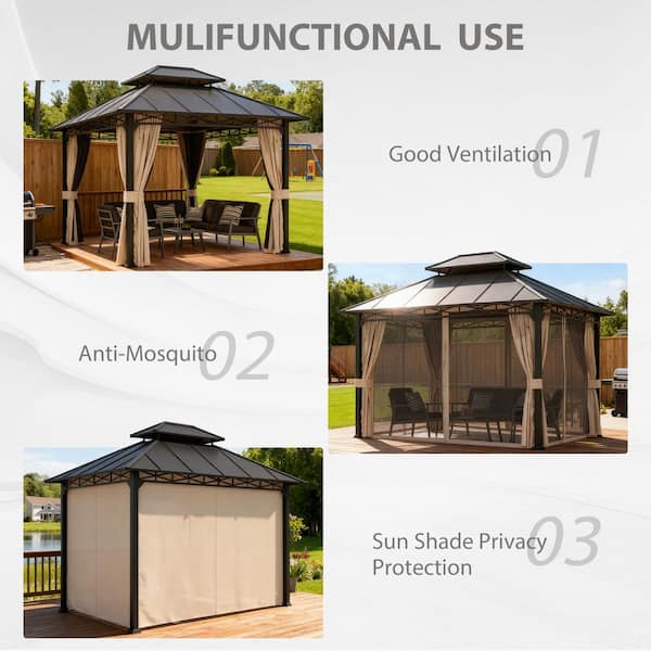 10 ft. x 12 ft. Hardtop Gazebo, Galvanized Steel Double Roof Gazebo with Nettings and Curtains, Gray