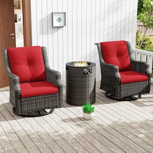 3-Piece Wicker Outdoor Patio Fire Pit Swivel Rocking Chair Set with Red Cushions and Round Fire Pit Table