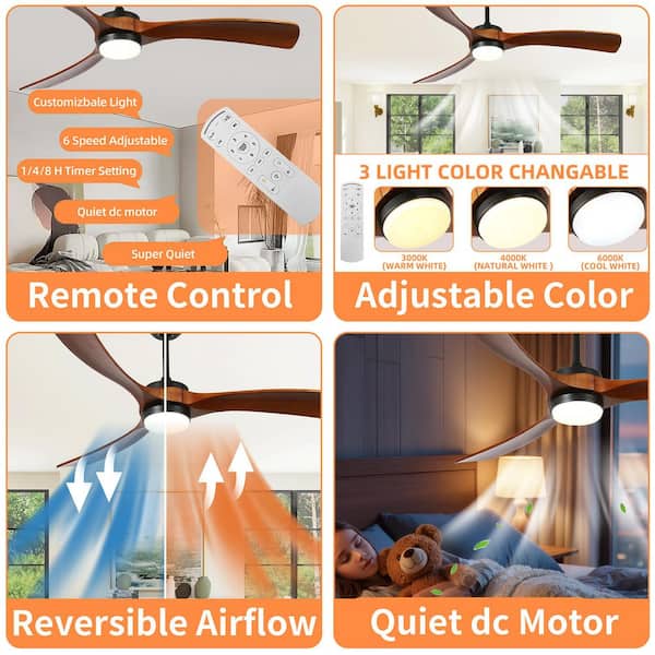 60 in. Indoor Brown Modern Ceiling Fan with LED Light with Remote Included, Downrod Mount