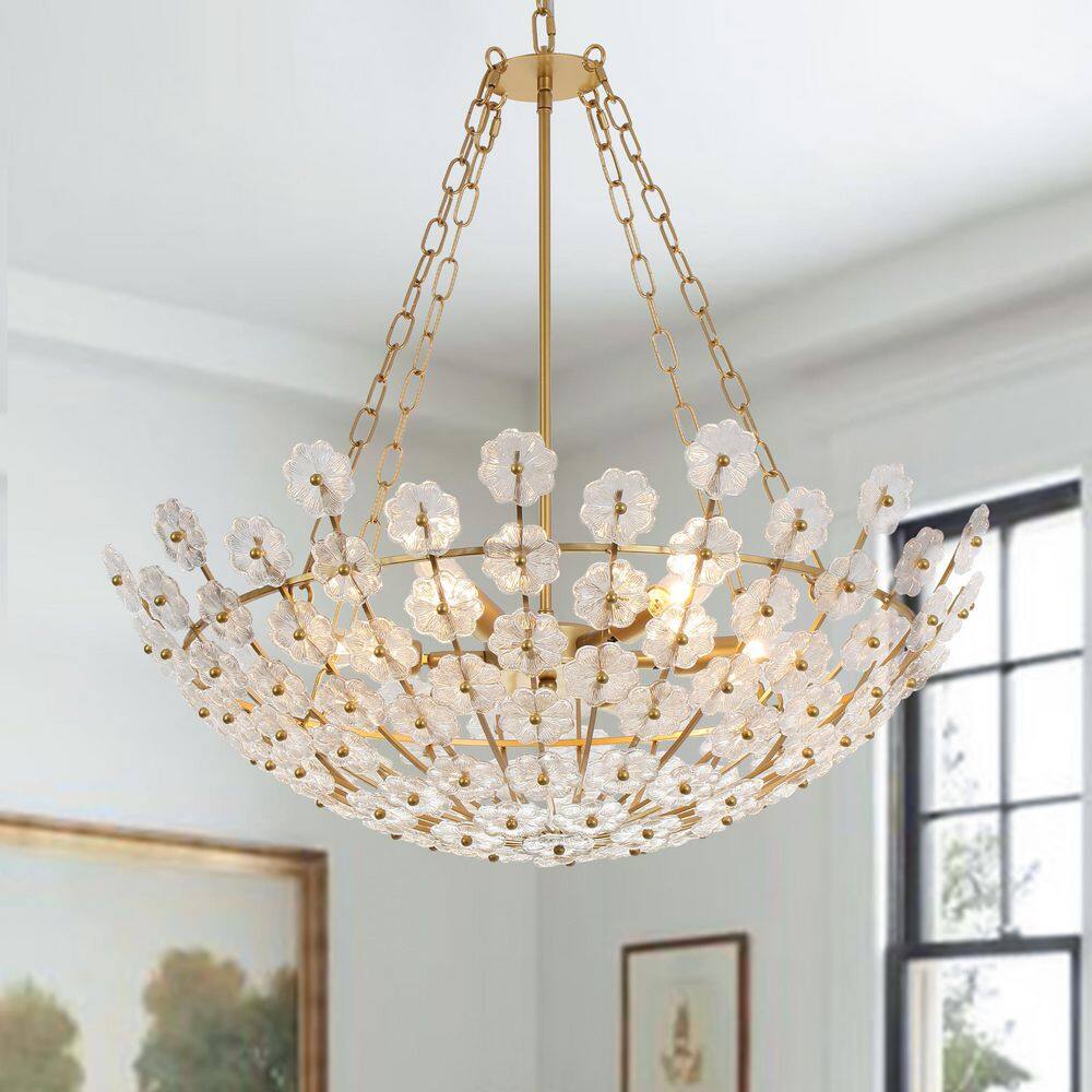 HUOKU Ccrystal 6-Light 27.6 in.W Gold Modern Flower Basket Flower