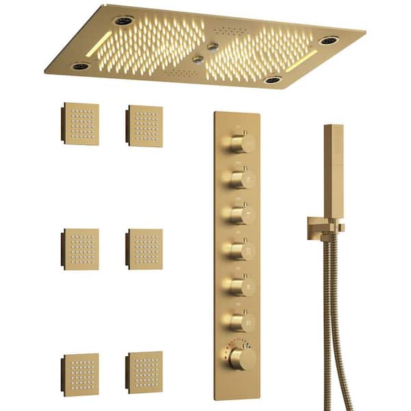 28 in. Rectangle Aurora Shower System 6-Spray Dual Ceiling Mount Fixed and Handheld Shower Head 2.5 GPM in Brushed Gold