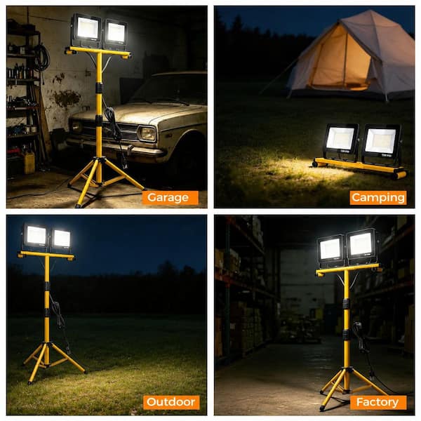14000 Lumen 2-Head Adjustable LED Work Light with Stand, Foldable
