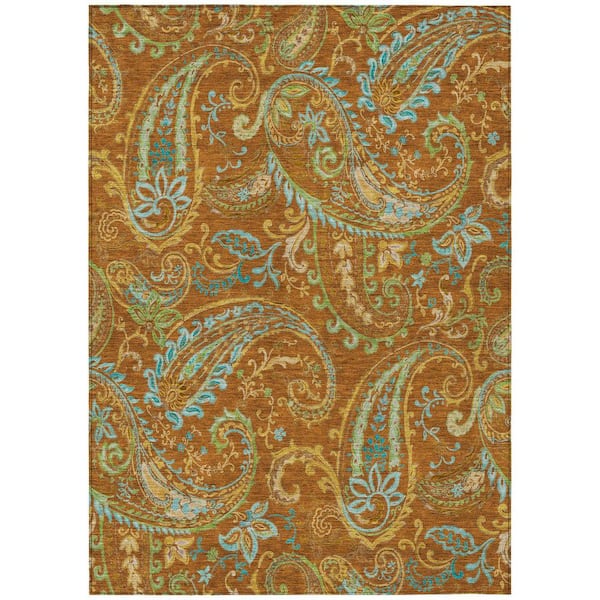 Orange 8 ft. x 10 ft. Woven Paisley Polyester Rectangle Indoor/Outdoor Area Rug