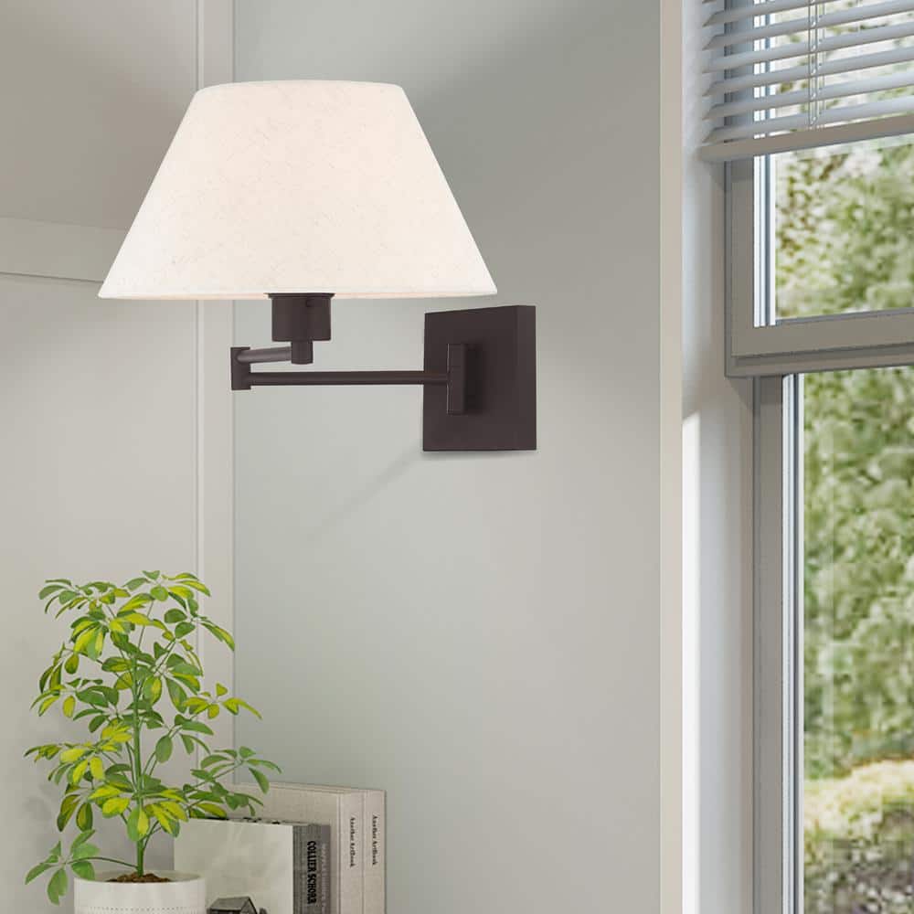 Bronze Finish Swing Arm Wall Lamp with Oatmeal Fabric Shade