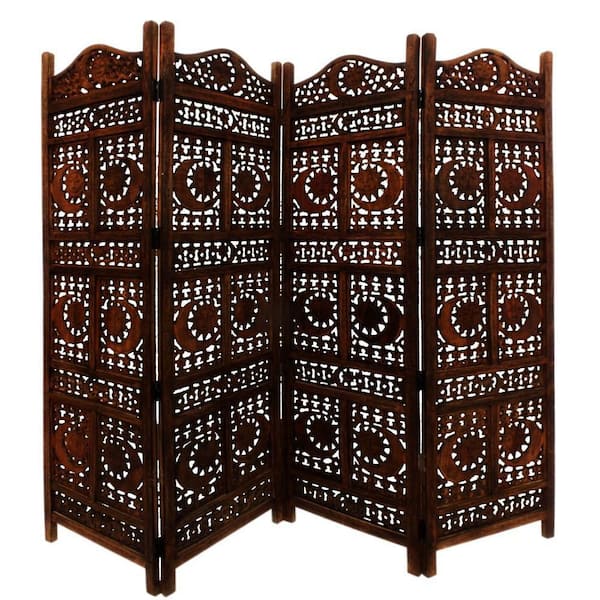 Benzara 71 in. Brown Sun and Moon Design Foldable 4-Panel Wooden Room Divider