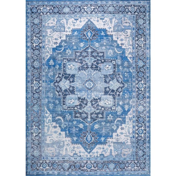 Maris Ornate Blue/Navy 9 ft. x 12 ft. Medallion Washable Area Rug