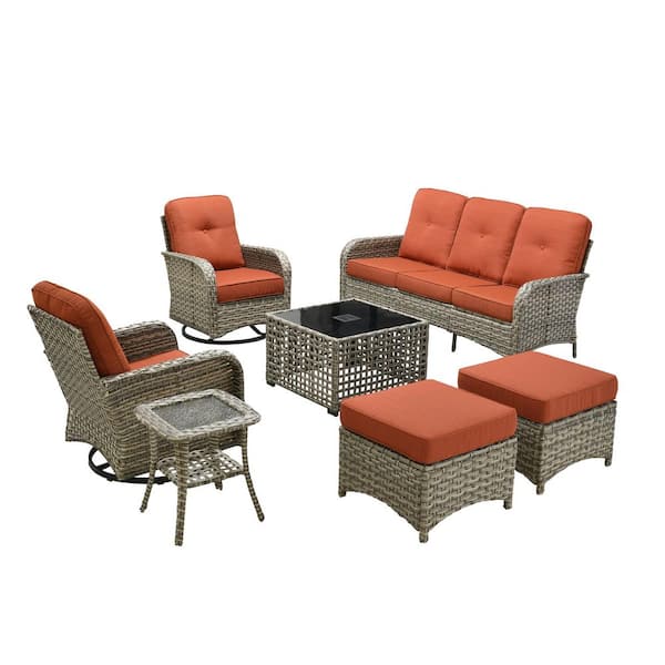 Beverly Gray 7-Piece Wicker Patio Conversation Sofa Swivel Chairs Set with Ottomans and Orange Red Cushions