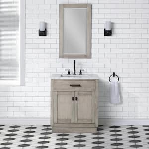 Chestnut 30 in. W x 21.5 in. D Vanity in Grey Oak with Marble Vanity Top in White with White Basin and Mirror