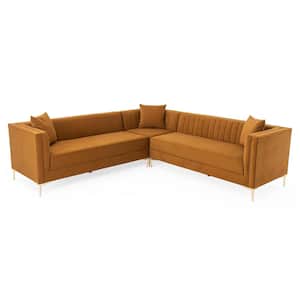 Kali 102 in. Square Arm 3-Piece L Shaped Velvet Modern Sectional Sofa in Cognac Brown