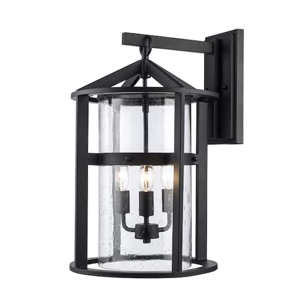 Bel Air Lighting Prado 21 in. 3-Light Black Outdoor Hardwired Wall Lantern Sconce with No Bulbs Included and Seeded Glass