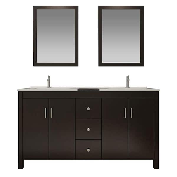 Ariel Hanson 60 in. Bath Vanity in Espresso with Granite Vanity Top in Black, Drop-In Basins and Mirrors