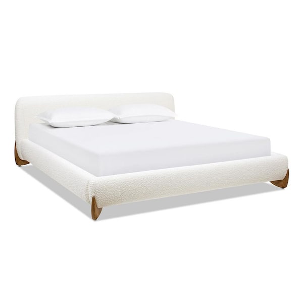 Alpine Boucle Upholstered Puffy Modern Platform King Size Bed Frame with Headboard in Ivory White