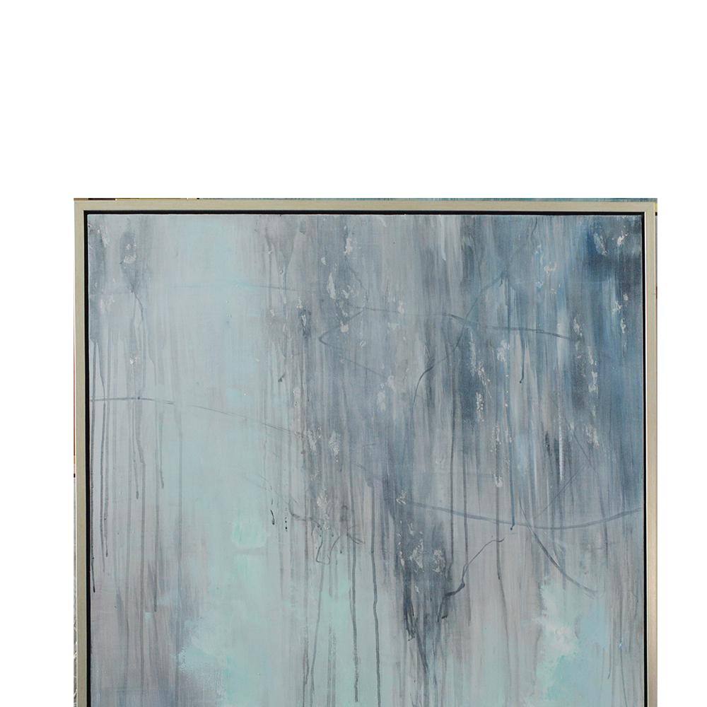 Blue and White Abstract Oil Painting on Canvas with Silver Frame