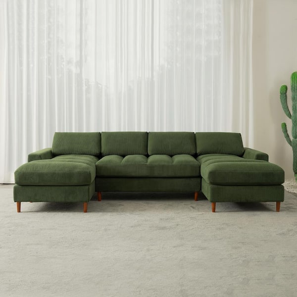 Monland 132 in. Square Arm Polyester Corduroy Upholstery U-Shaped Chaise Deep-Seated Oversized 3-Piece Sectional Sofa in. Green