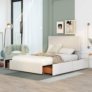 Beige Upholstery Wood Frame Full Size Platform Bed with 4 Drawers and Adjustable Headboard