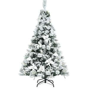 5 ft. White Unlit PVC, PE Snow Flocked Hinged Christmas Tree with Berries and Poinsettia Flowers
