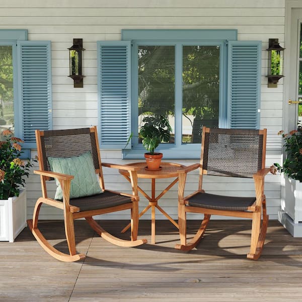 Sudzendf Brown 2 Pieces Patio Wood Outdoor Rocking Chair Set with Wicker Rattan Seat & Backrest