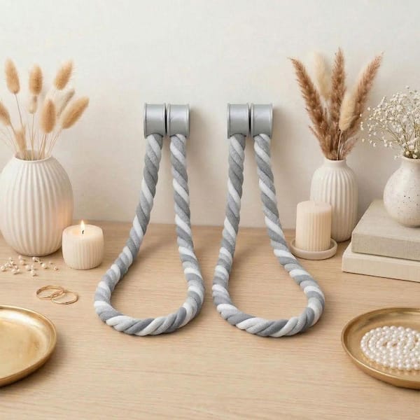 24.8 in. Magnetic Braided Cord Curtain Tiebacks Cotton Woven in Light Grey/Dark Grey (2-Set)