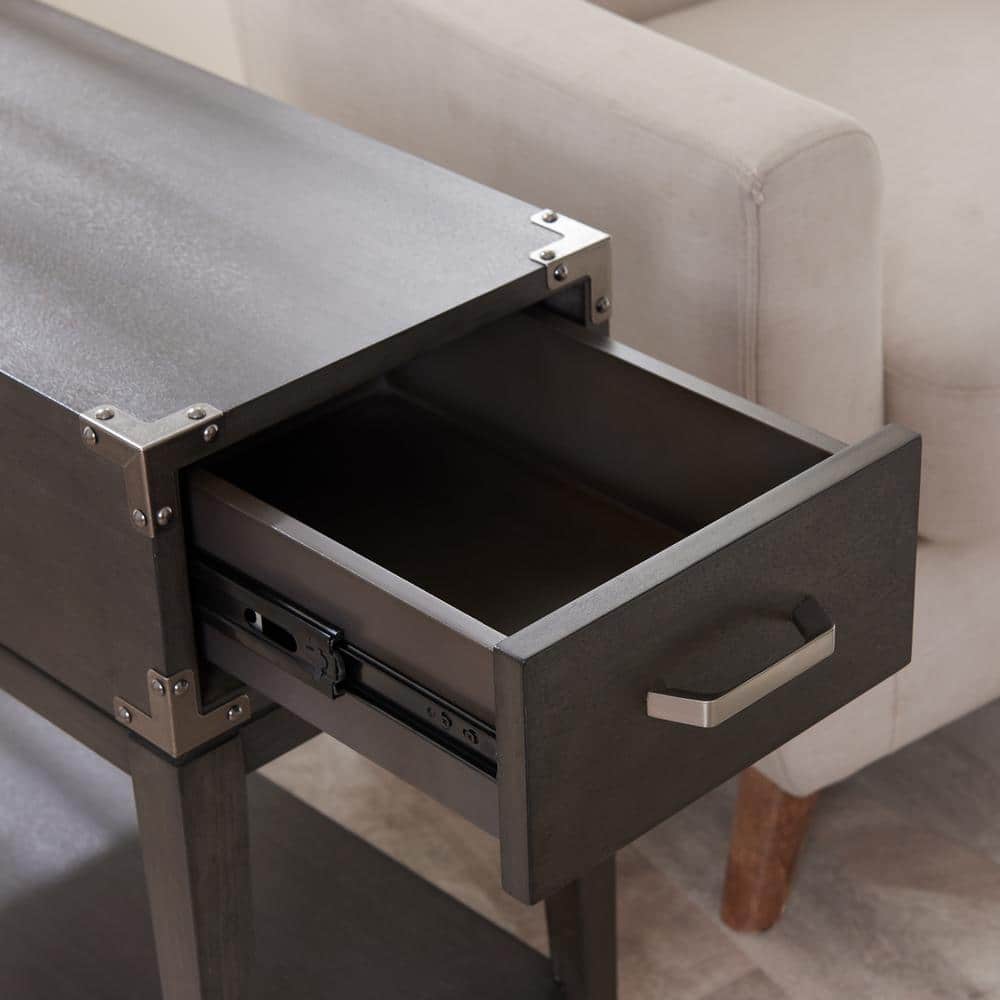Anthracite and Pewter Rectangular Side Table with Drawer and Shelf
