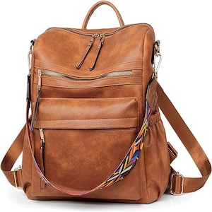 14.2 in. H PU Leather Brown Bag Backpack with Side Pockets, Fashion Leather College Shoulder Bags with Colorful Strap